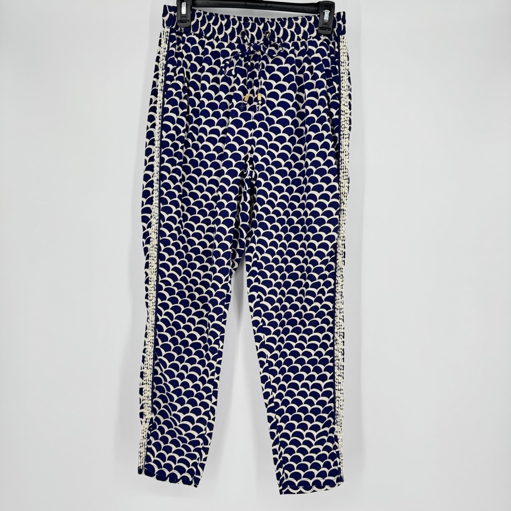 Anthropologie Womens Size S Blue Patterned‎ Drawstring Pants Beaded Trim